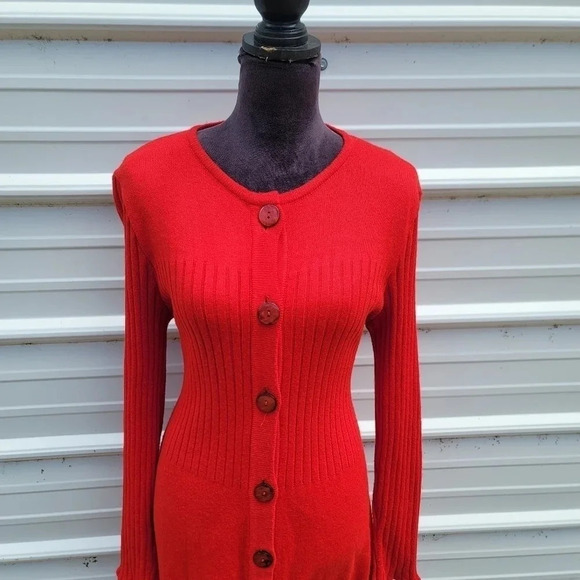 Jessica Howard Red Sweater Midi Dress Long Sleeves Front Buttoned Pockets Knit L - Picture 6 of 16